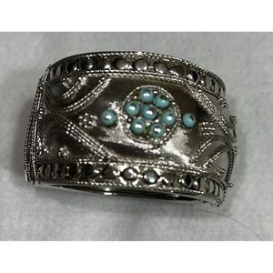 Silver Metal Cuff Bracelet with Blue‎ Beads - Boho Native American Style Jewelry